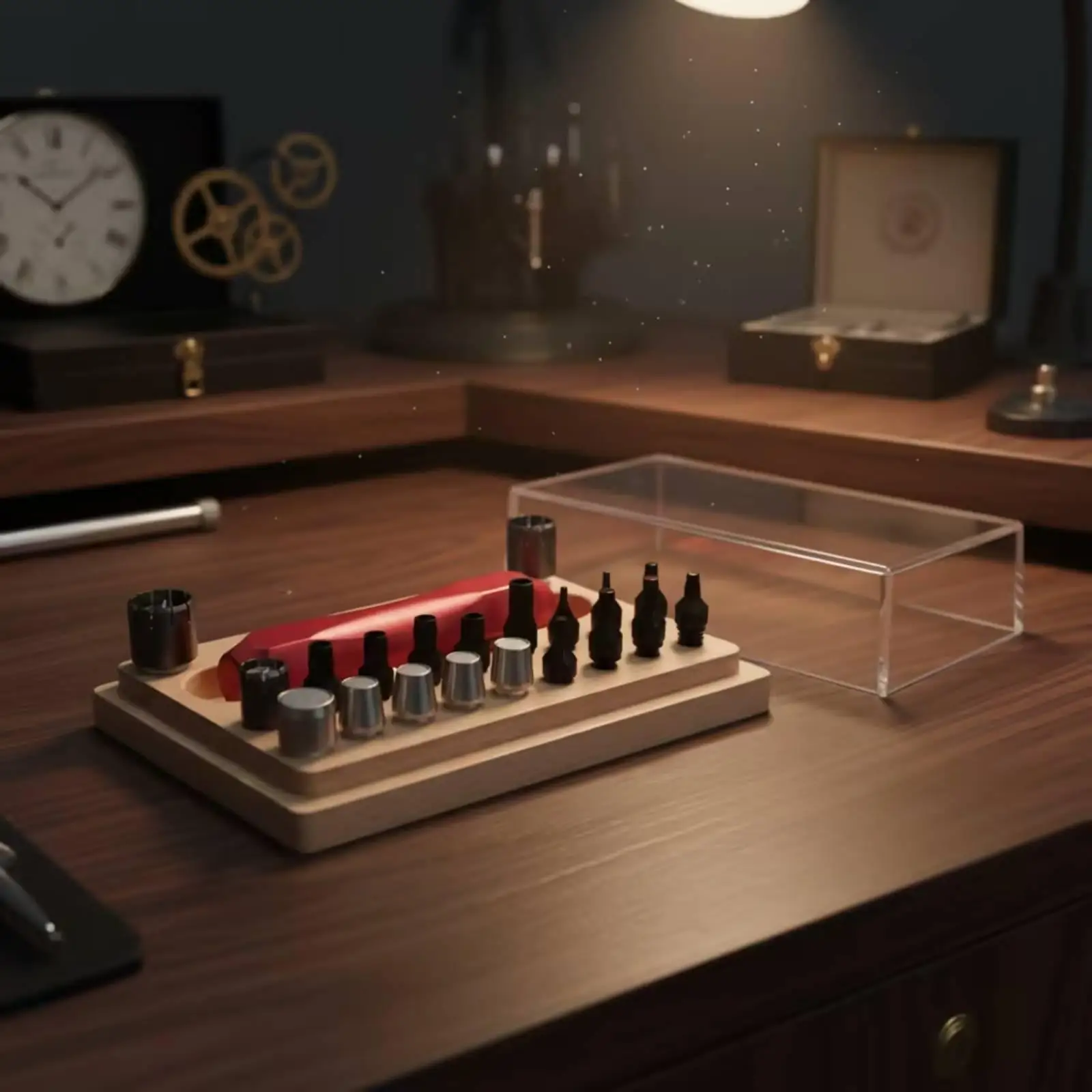 Watchmaker Tools Set Maintenance Equipment with Stable Holder Red Metal Handle and Tidy Tray for Watch Repairs