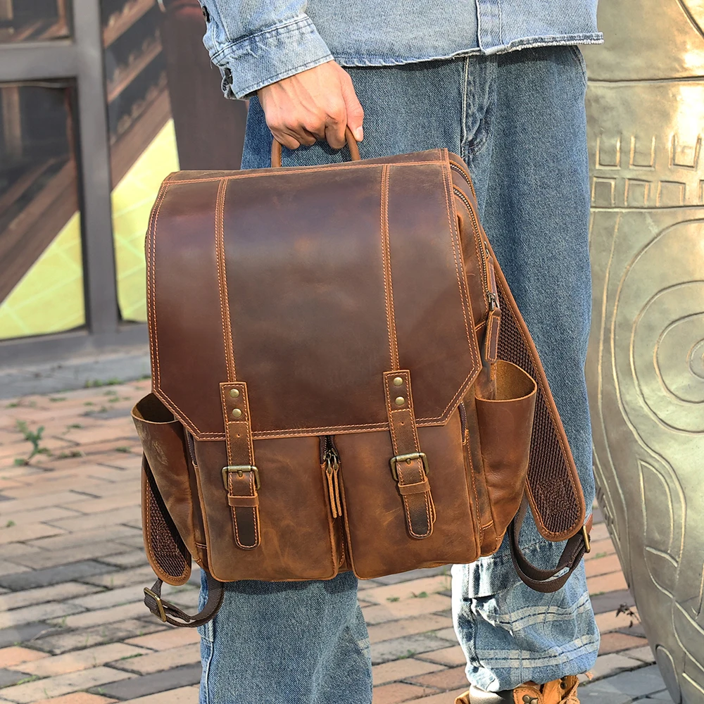 Men's Crazy Horse Travel Backpack Men's Athleisure Backpack Genuine Leather Vintage Men's Backpack