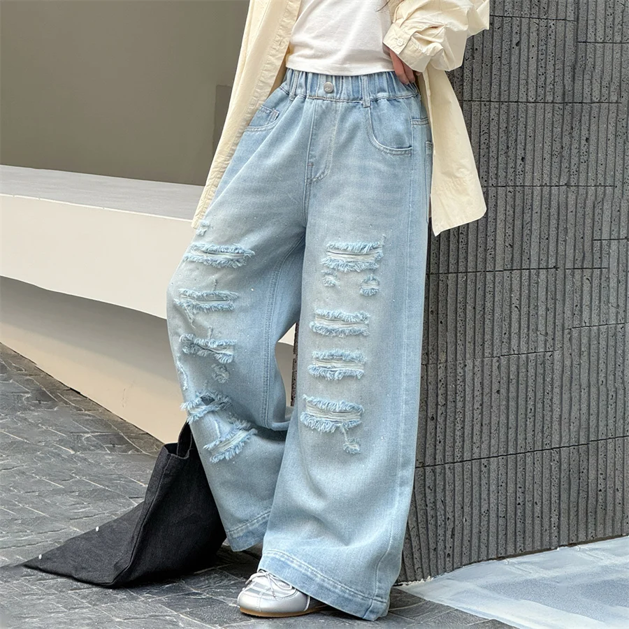 Street Style Children Fashion Loose Straight Distressed Ripped Jeans with Holes for Kids Girls Trend Destroyed Denim Pants 5-14Y