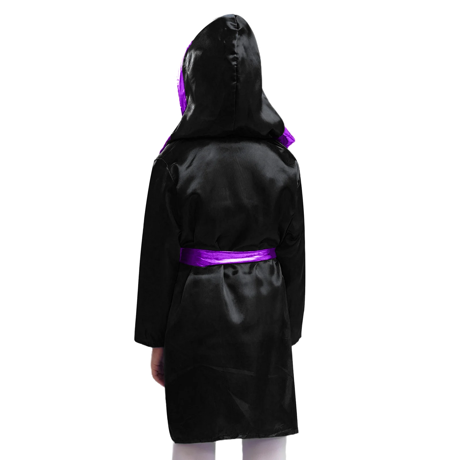 Kids Boys Girls Boxing Match Hooded Robe Thai Kickboxing Cosplay Costume Open Front Metallic Trim Satin Hooded Cloak with Belt