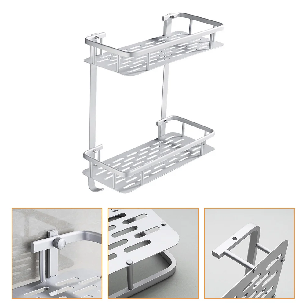 

No Drilling Kitchen Bathroom Storage Mount Double Layer Silver Space Aluminum Rustproof Organizer Storage Rack