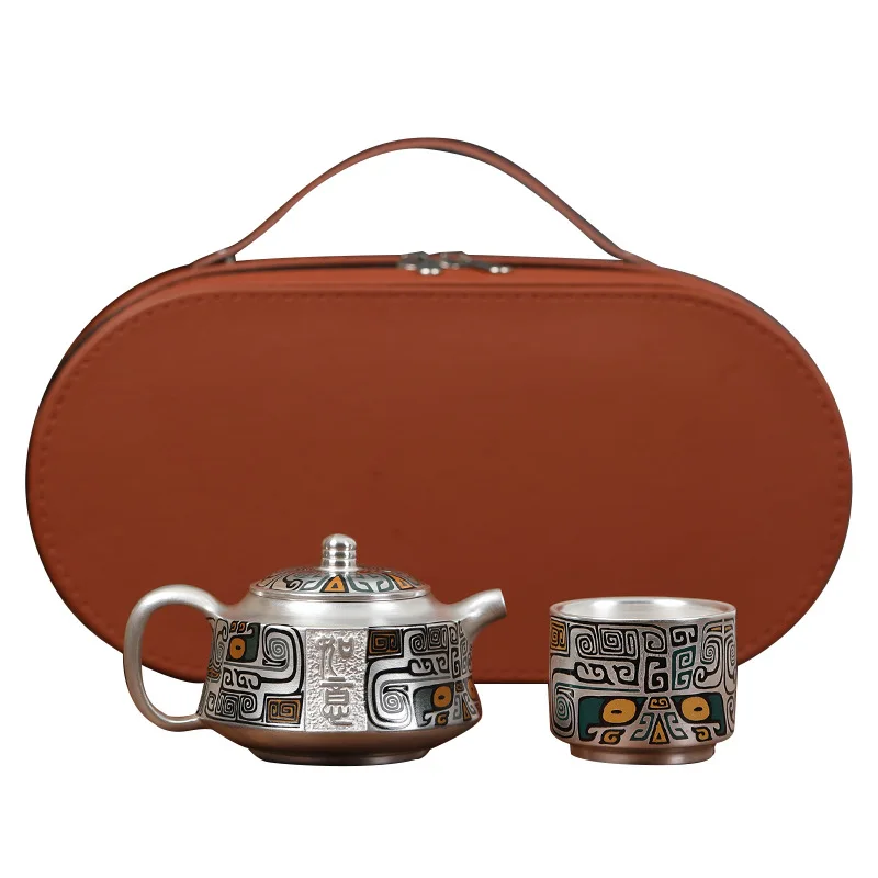 A pot and A Cup of Ceramic Gold and Silver Pattern Portable Travel Kung Fu Tea Set Suitable for Home Outdoor and Office