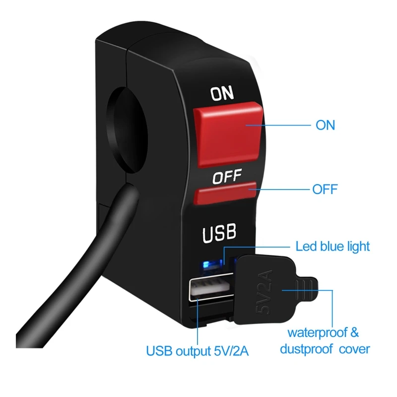 Motorcycle Scootor Light Indicator Switches Motorcycle Waterproof On Off Start Button With USB Phone Charger 7/8" 22MM image 6
