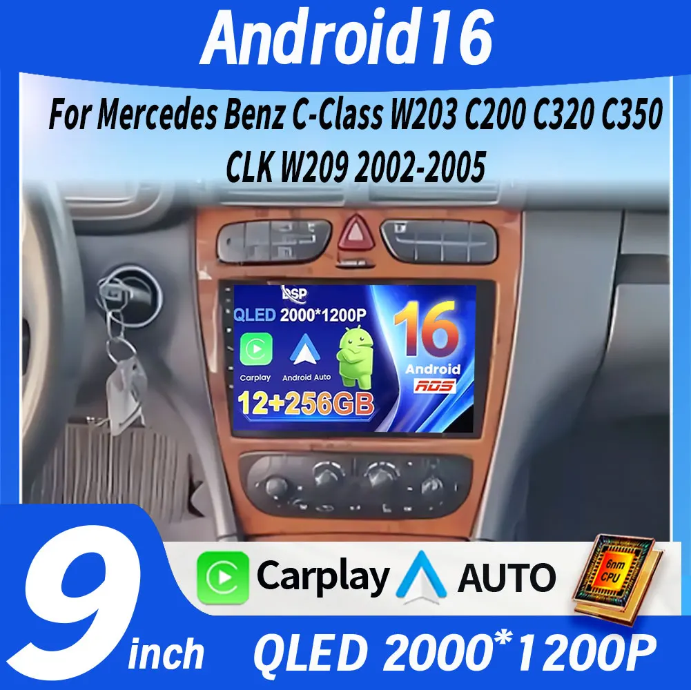 

Автомагнитола с CarPlay для Mercedes Benz C-Class W203 C200 C320 C350 CLK W209 2002-2005, навигация GPS, Android 16, 5G Wi-Fi, без 2DIN