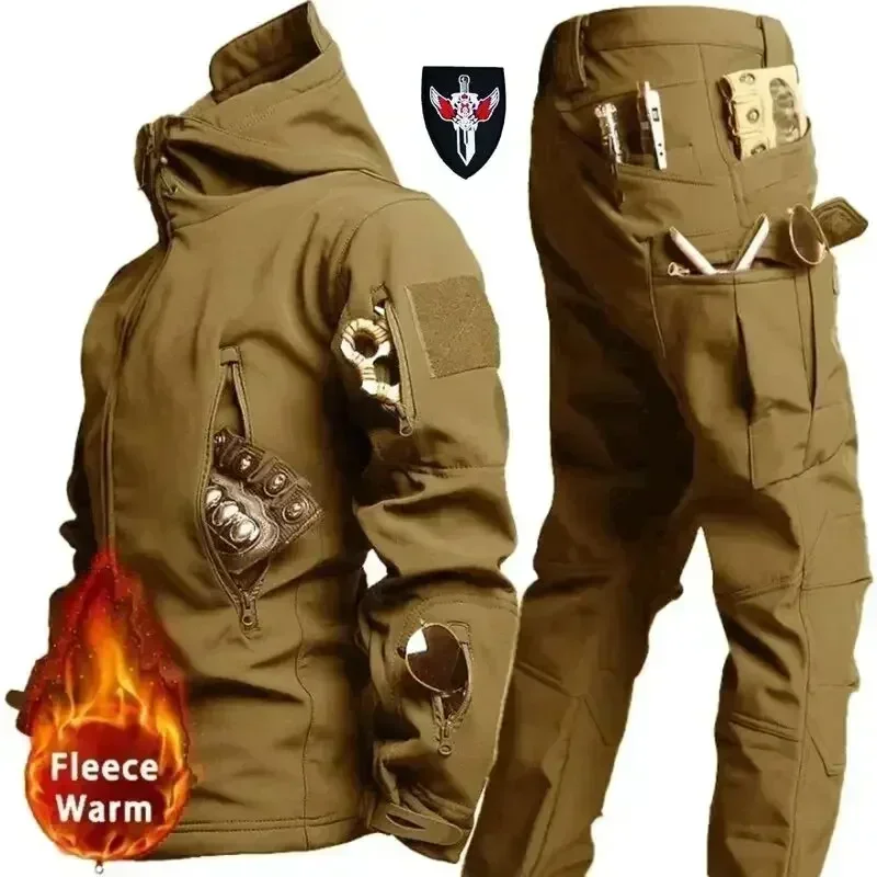 5XL 6XL Men Quality Combat Set Wear-Resistant Waterproof Thicken Tactical Suit Outdoors Fleece Warm Hunting Two-piece Winter