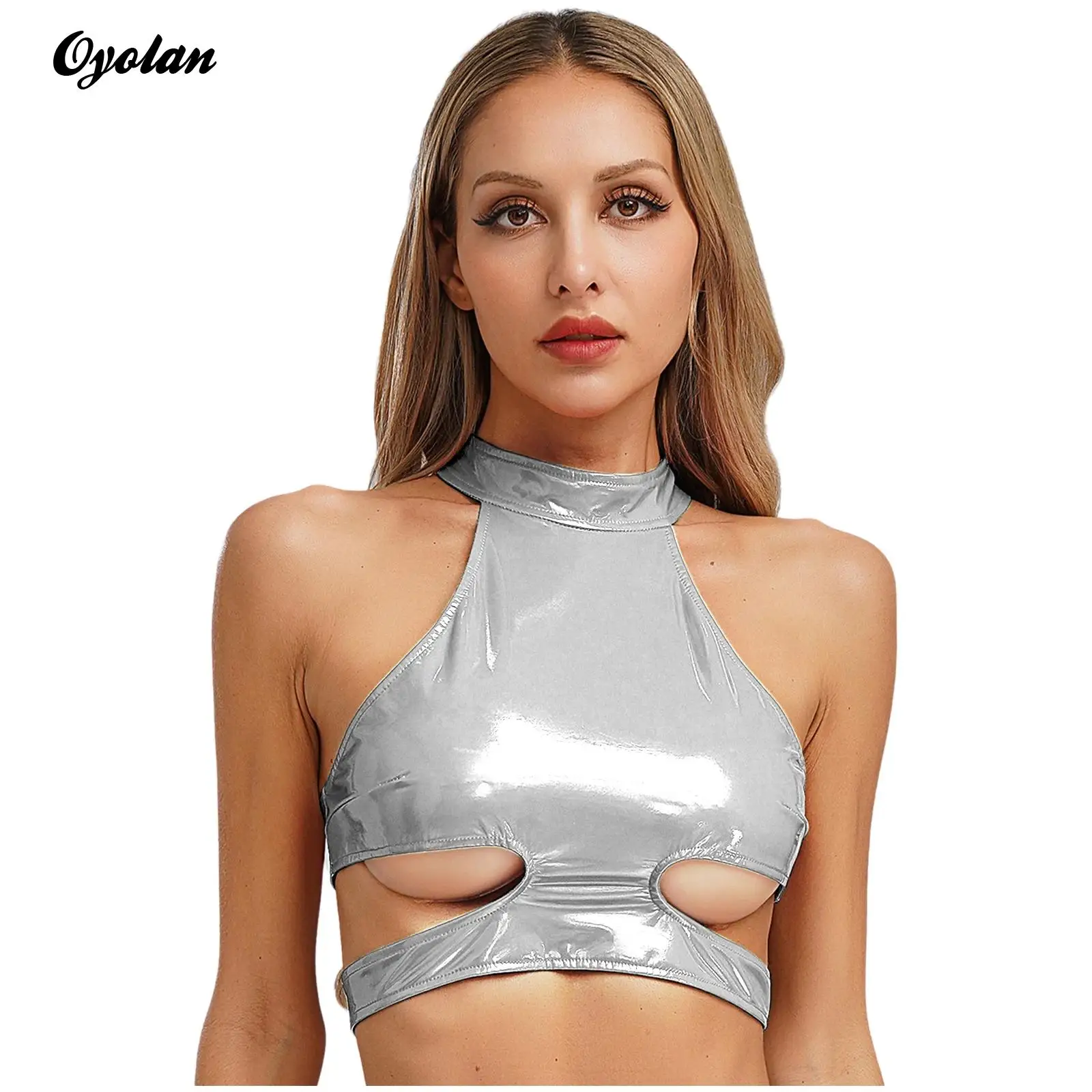 

Womens PU Leather Latex Tank Tops Halter Hollow Out Cutout Sexy Cropped Vest Back Zipper Party Rave Outfit Club Wear Costume