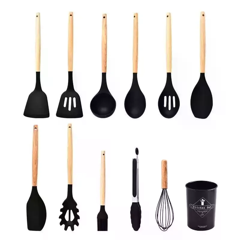 Silicone Kitchen Cookware Utensils Wooden Handle High Temperature Resistant Non Stick Pan Cooking Spatula Food Grade