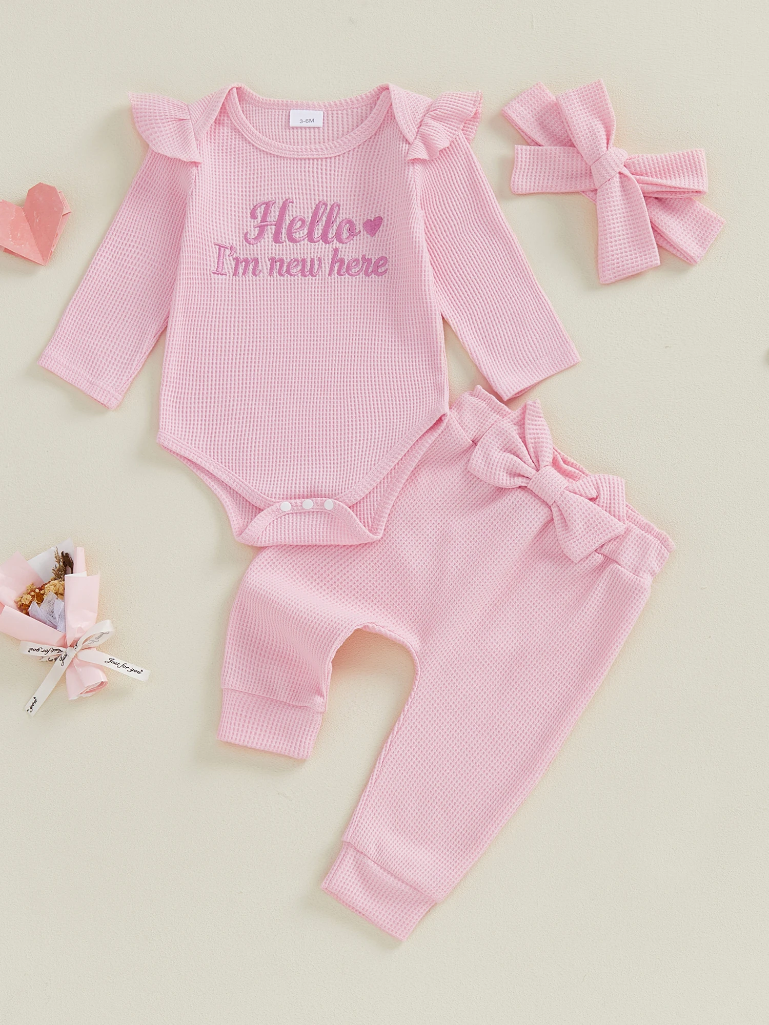 

Adorable Toddler Girl Floral Print Ruffle Sleeve Top and Pants Set with Matching Headband for Spring and Fall