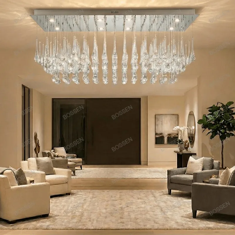 

BOSSEN Adjustable Pendant Light Dimmable Chandelier Water Drop Glass Metal Luster Rectangle Ceiling Lamp For Living Dining Area