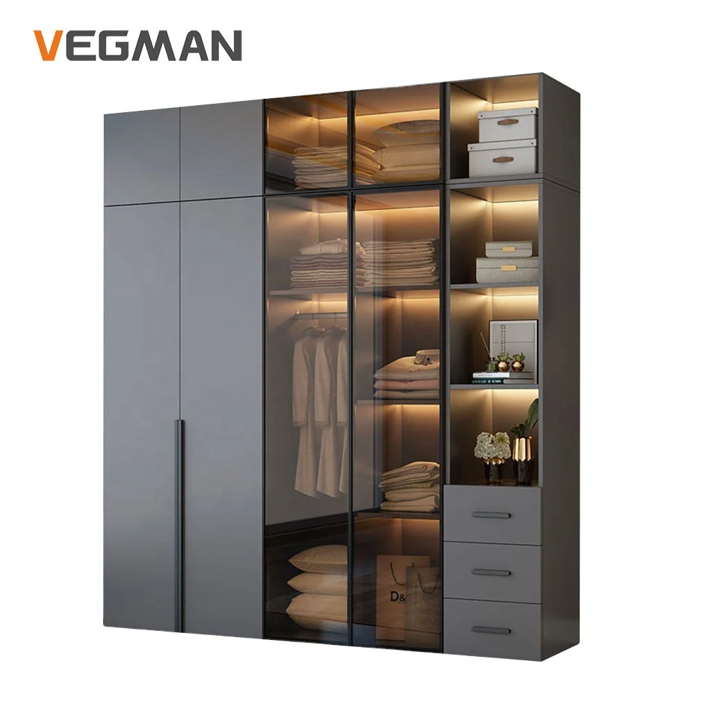 

Custom Hotel Furniture Modern Prefab Closets Glass Door Particleboard Wooden Wardrobe