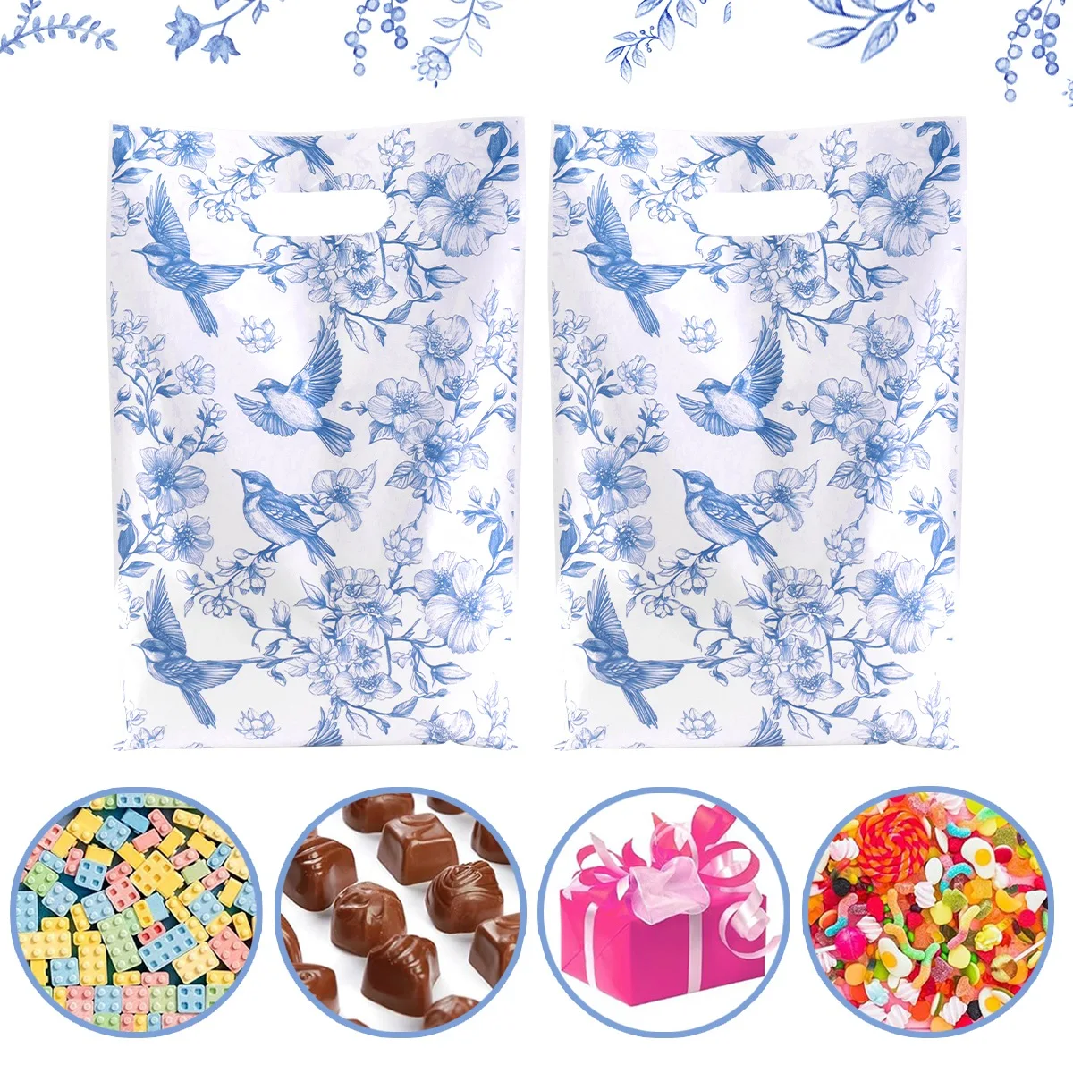 10/20/50 Stück blaue Geschenktüten aus Kunststoff mit Vogelmotiv, elegante Geschenktüten für Hochzeit, Frühling, Sommer, Urlaub, Party-Dekorationen – Detail 1