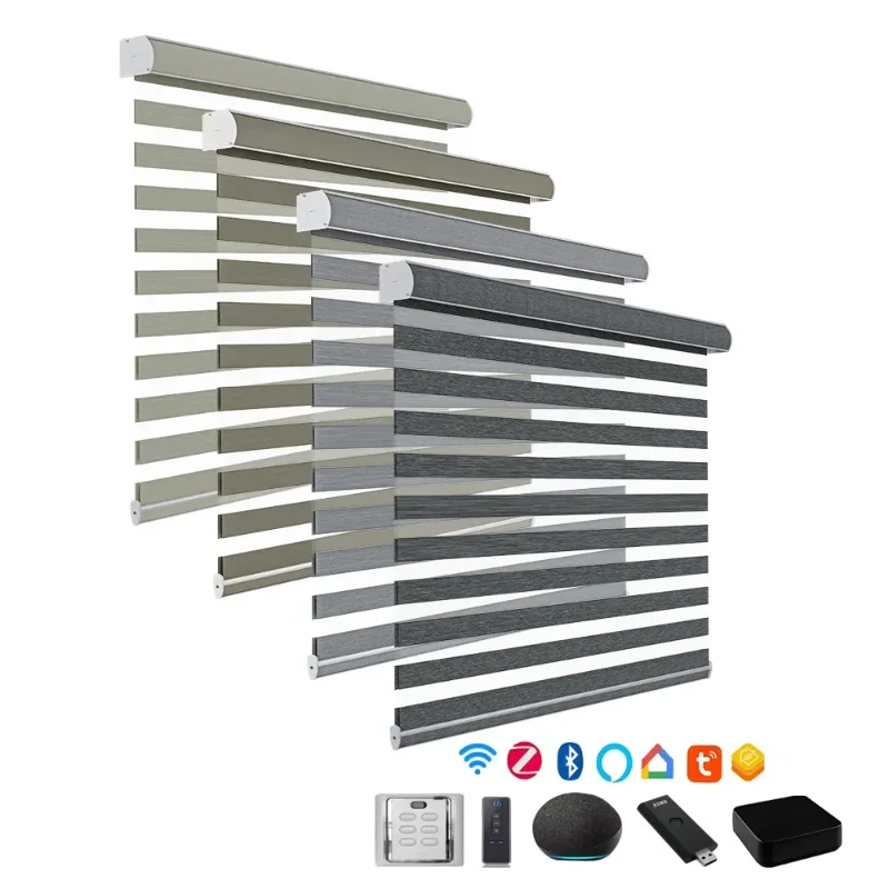 Persianas de cebra inalámbricas motorizadas con reducción de ruido, 100% ligeras, impermeables, de tela de doble capa, diseño personalizado, color negro, para dormitorio
