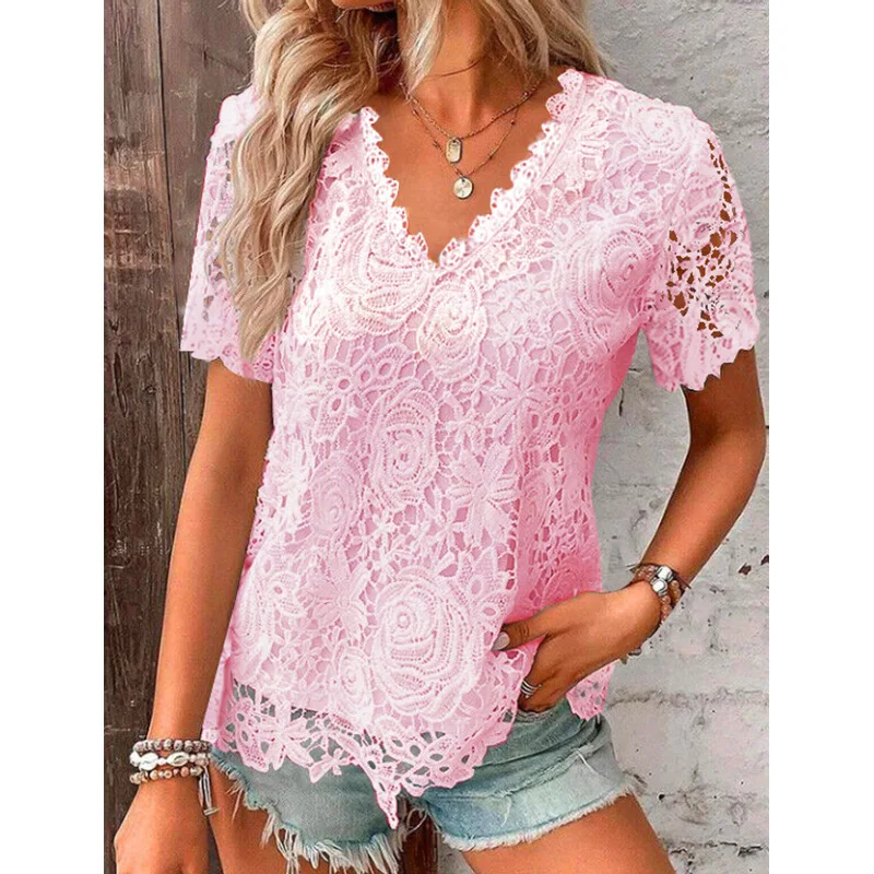 Summer Women\'s 2024 New Pullover V-neck Spliced Lace Hollow Out Jacquard Slim Fit Solid Color Fashion Elegant Short Sleeved Tops