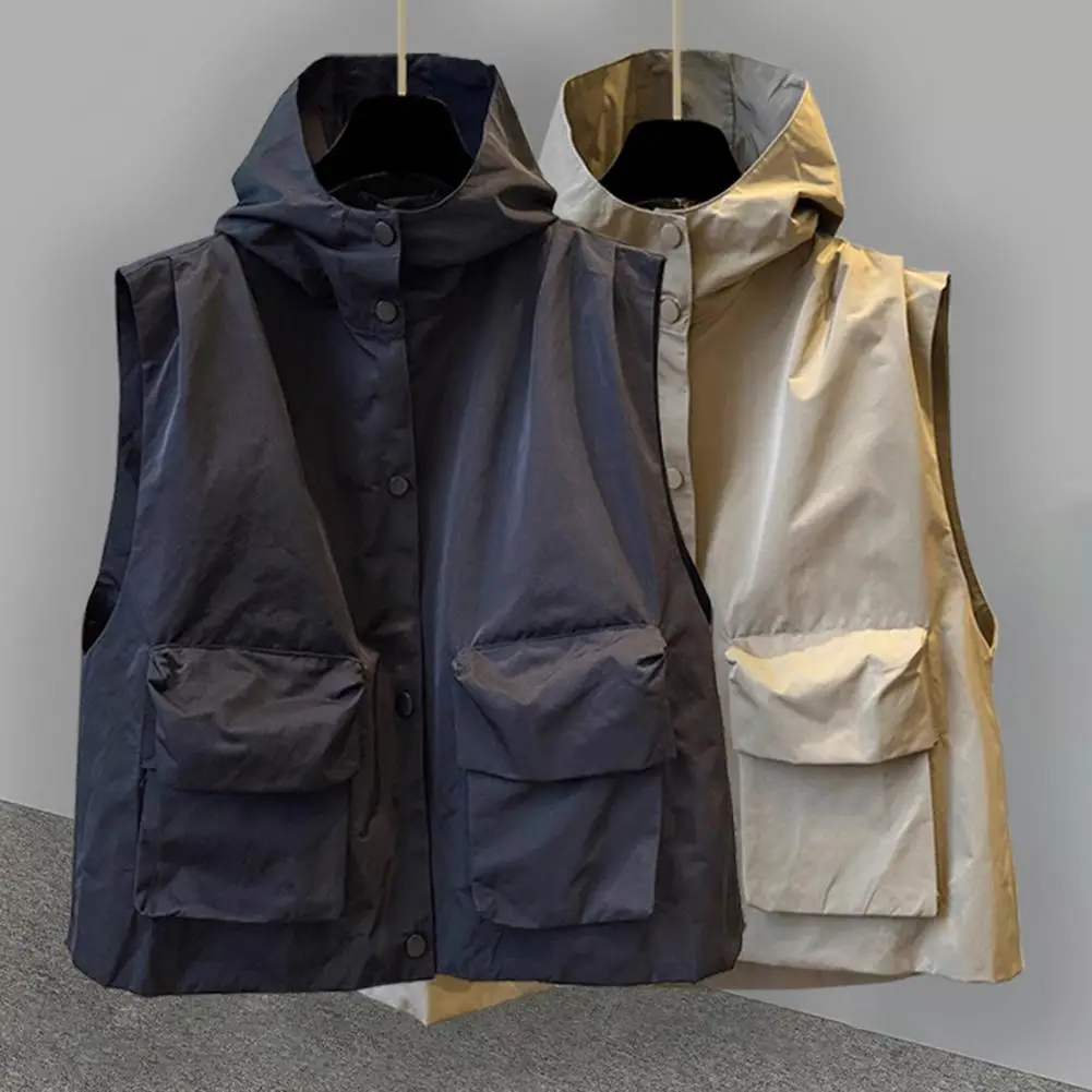 Cargo Waistcoat with Hood Sleeveless Zipper Placket Solid Color Vest Coat with Pockets Loose Fit Solid Color Street Style Waistc