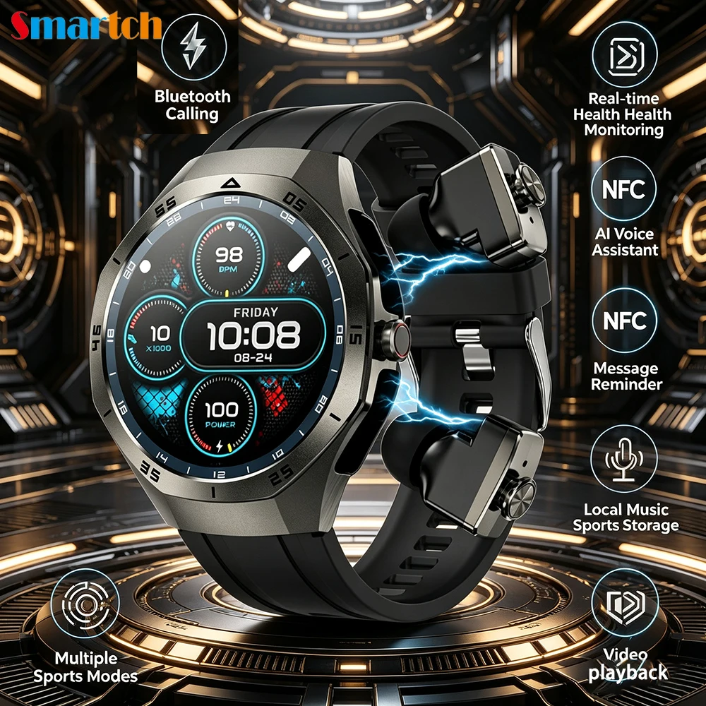 

2-in-1 Bluetooth Earphones Smart Watch NFC Men Women Sports 24H Health Monitor Local Music Smartwatch With Built-in Headphones