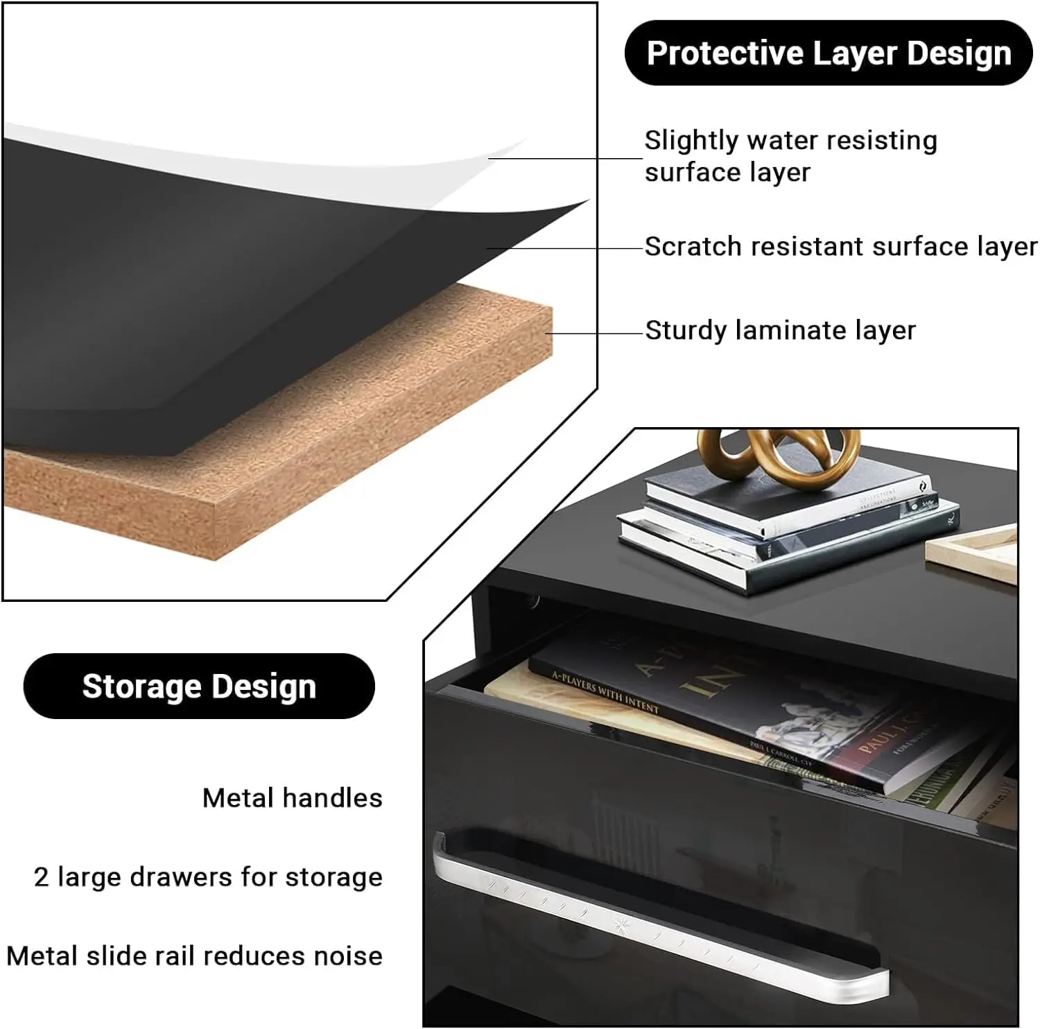 小さな木製LEDベッドサイドテーブル,モダンなナイトスタンド,ライト付きの黒いナイトスタンド,寝室用の光沢のある引き出し2つ