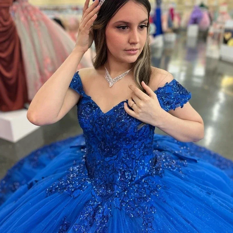 Koningsblauw Prachtige Quinceanera Jurken Applique Kant Kristal Baljurk Uit De Schouder Tule Vestidos De 15-jarig Quinceañeras