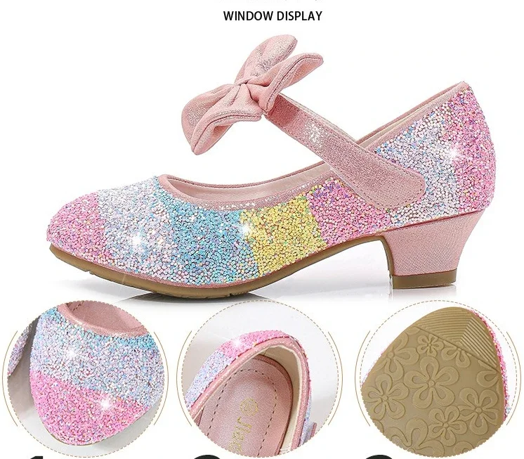 Girls' Leather Shoes Princess 2023 Rainbow Stripes Children Shoes Round-Toe Soft-Sole Big Girls High Heel Princess Crystal Shoes