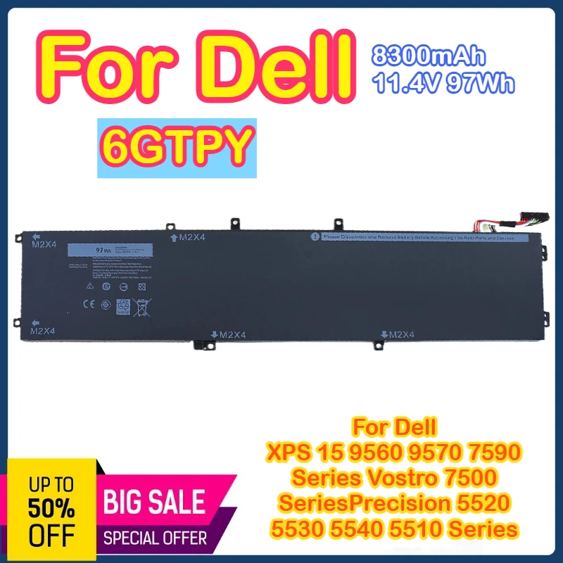 

6GTPY аккумулятор для ноутбука Dell XPS 15 9560 9570 9550 7590 Precision 5540 5520 5530 5510 Vostro 7500 Series 5041C 5XJ28 GPM03