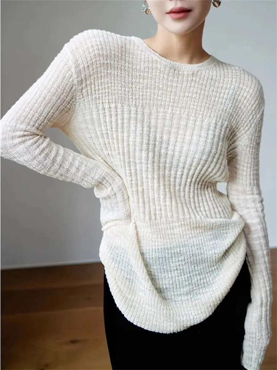

French Style Long Sleeved Knitted Sweater for Women Autumn Thin Inner Top
