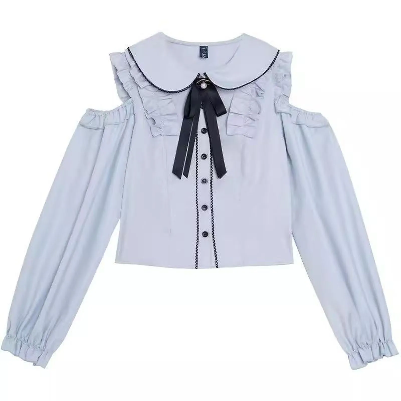 

Kawaii Women Shirts Cold Shoulder Lolita Y2K Cute Japanese Style Blouse Blue Long Sleeve Sweet Tops Casual Aesthetic Shirt