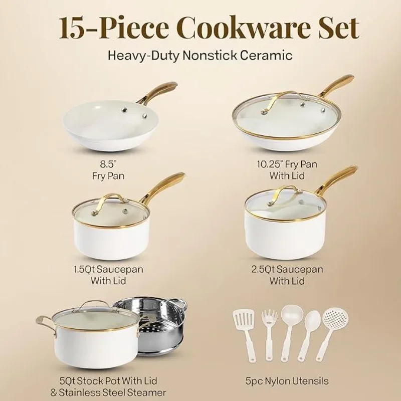 15pcs Ceramic Cookware Sets - Natural Collection - Pots, Pans,Stainless Steel Steamer, Cool Touch Handles Available