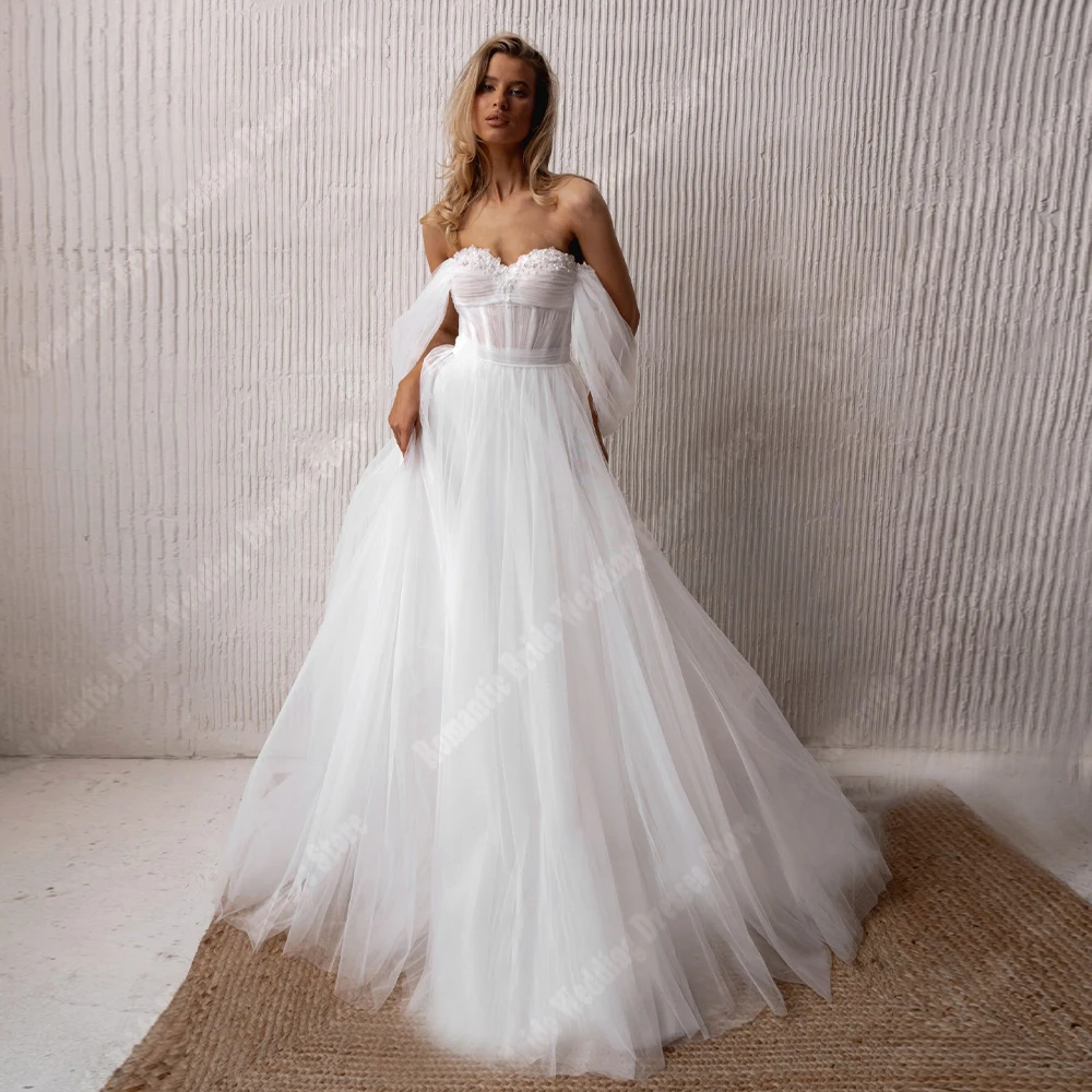 

Elegant Women Wedding Dresses Quality Off The Shoulder Bridal Gowns Mopping Length Princess Party Shining Tulle Gowns Customized