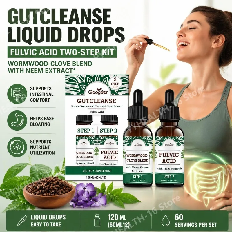 Googeer GutCleanse Liquid Dropper Set with Fulvic Acid Trace Minerals, Wormwood Oil, Clove Oil, Neem Extract 60ml X 2 Bottles