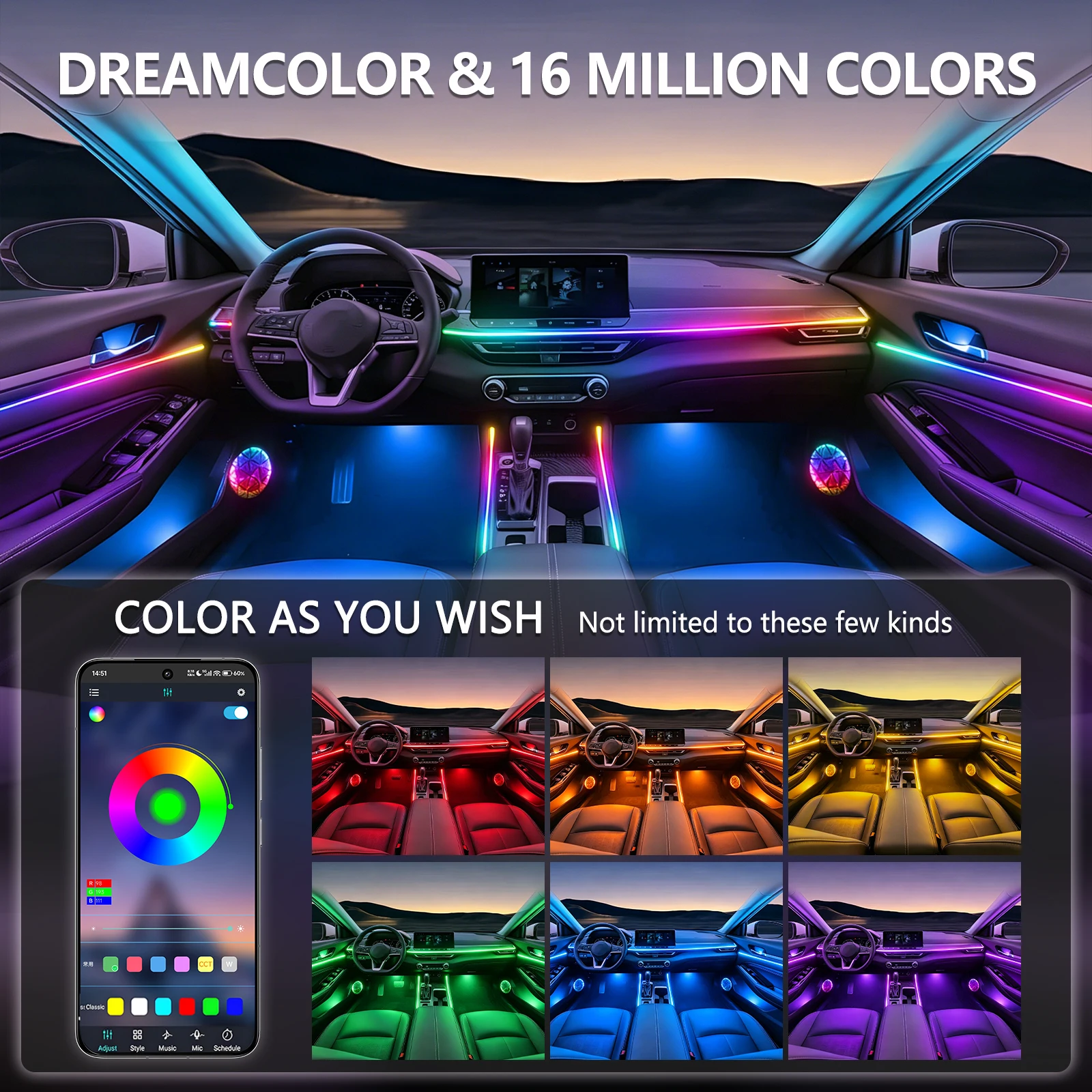 6-in-1 LED Auto-Innenraum-Ambientebeleuchtung Fußraum-Dekorationslampen 12V RGB Atmosphärenlampen-Set mit APP-Steuerung Innenraumbeleuchtung – Detail 6