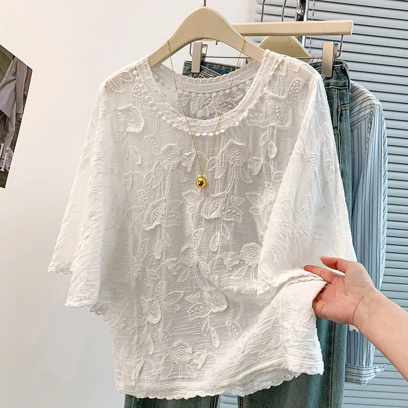 100% Cotton Stereoscopic Jacquard Short Sleeve T-shirt for Women 2026 Summer Casual Tops Batwing Sleeve White Pollover Tees