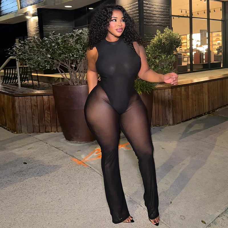 

DSMTRC See Through Sexy Patchwork Black Jumpsuits Women Rompers Elegant Mesh Sheer Skinny Club Party Sleeveless Playsuits Female