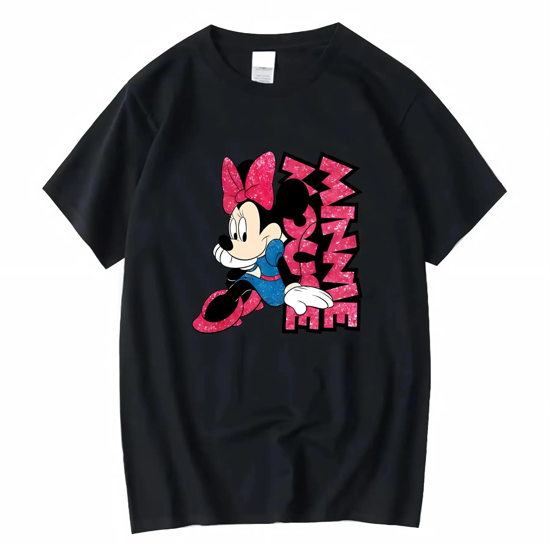 

Disney Plus Size Women's Soft Cotton Mickey Mouse T Shirt with Black Pink Accents Casual Crew Neck Summer Top for vintage