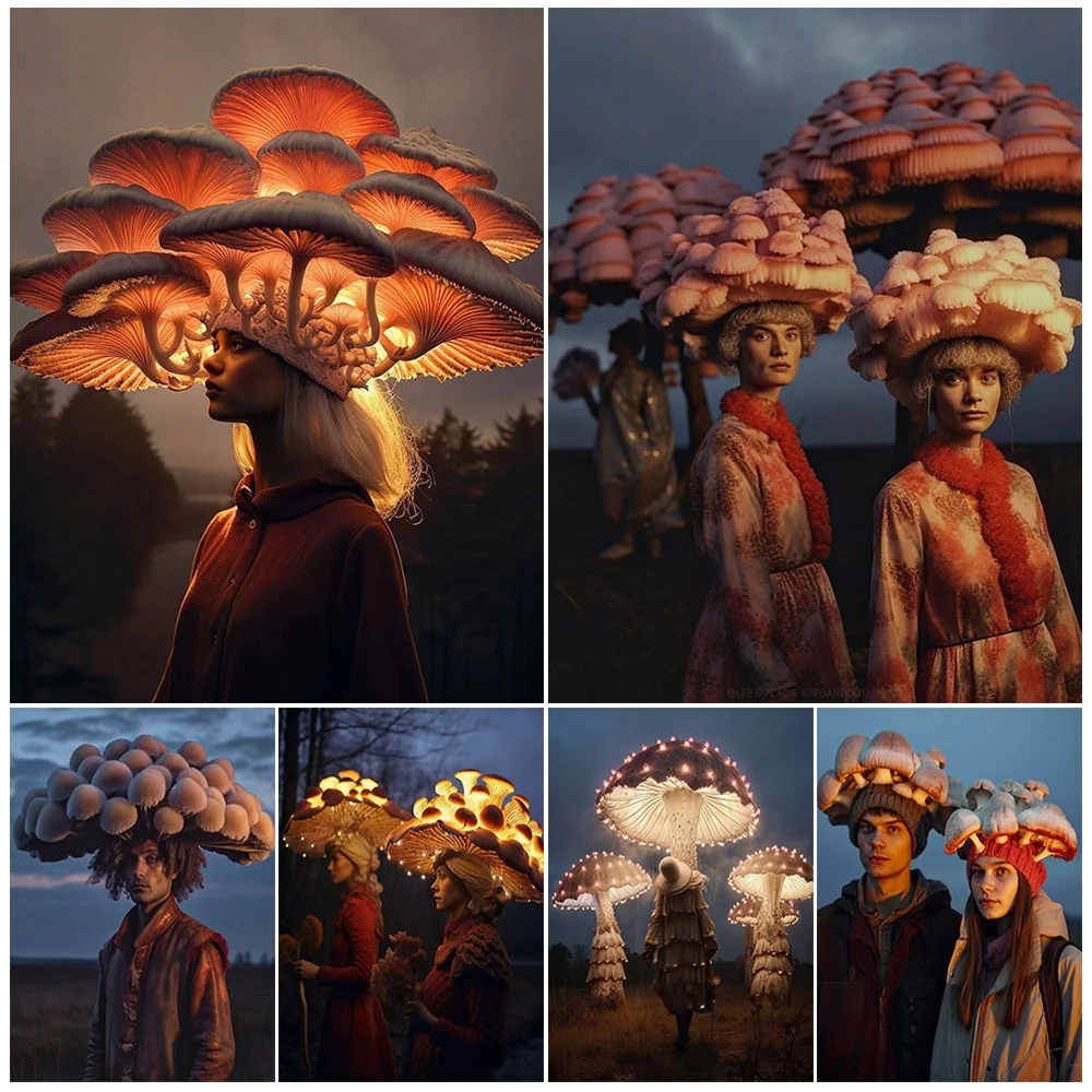 

Young Men And Women With Mushrooms Growing On Their Heads,Fantasy Photography Art,Poster Print,Surreal Gothic Wall Art Print