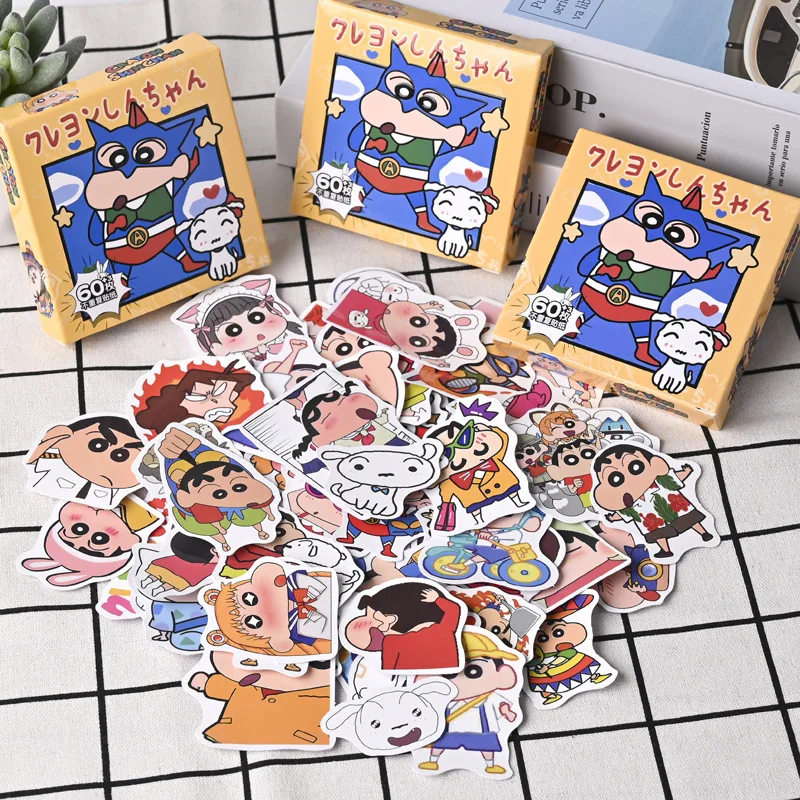 Boxed 60Pcs/set Cartoon Anime Crayon Shin-chan Kawaii Figure Waterproof Graffiti trunk laptop cup Skateboard DIY Sticker Gifts