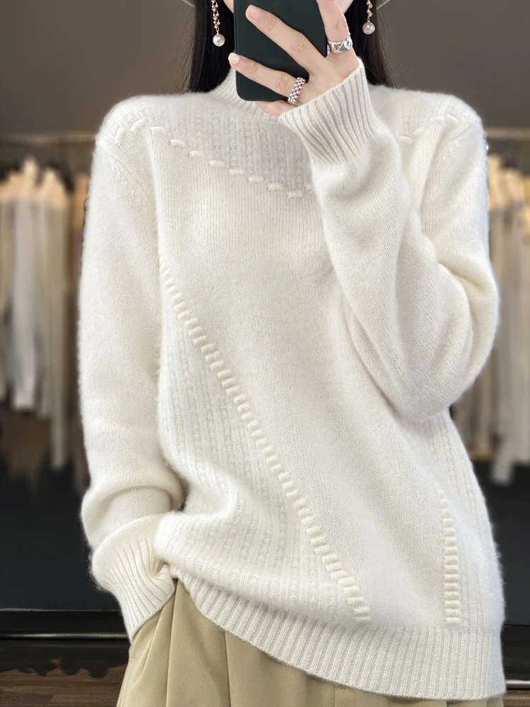 

New Women Cashmere Sweater Mock Neck Basics Pullover 100% Merino Wool Thick Knitwear Autumn Winter Female Grace Soft Clothes Top