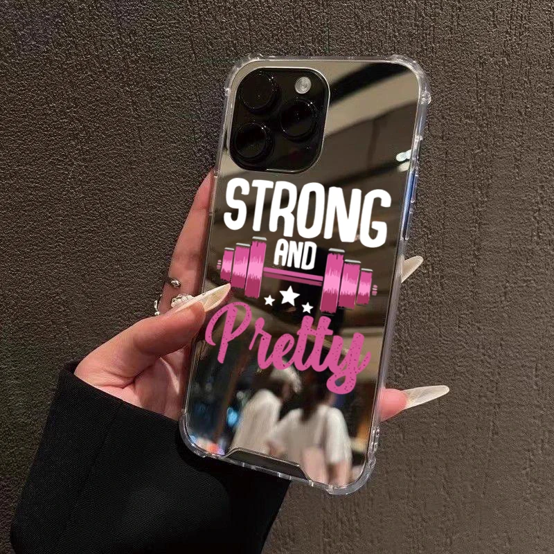 Dumbbell Mode Slogan Pattern Phone Case For iPhone 16 15 14 Pro Max 13 12 11 XS X XR 7 8 Plus Make Up Mirror Shockproof Cover