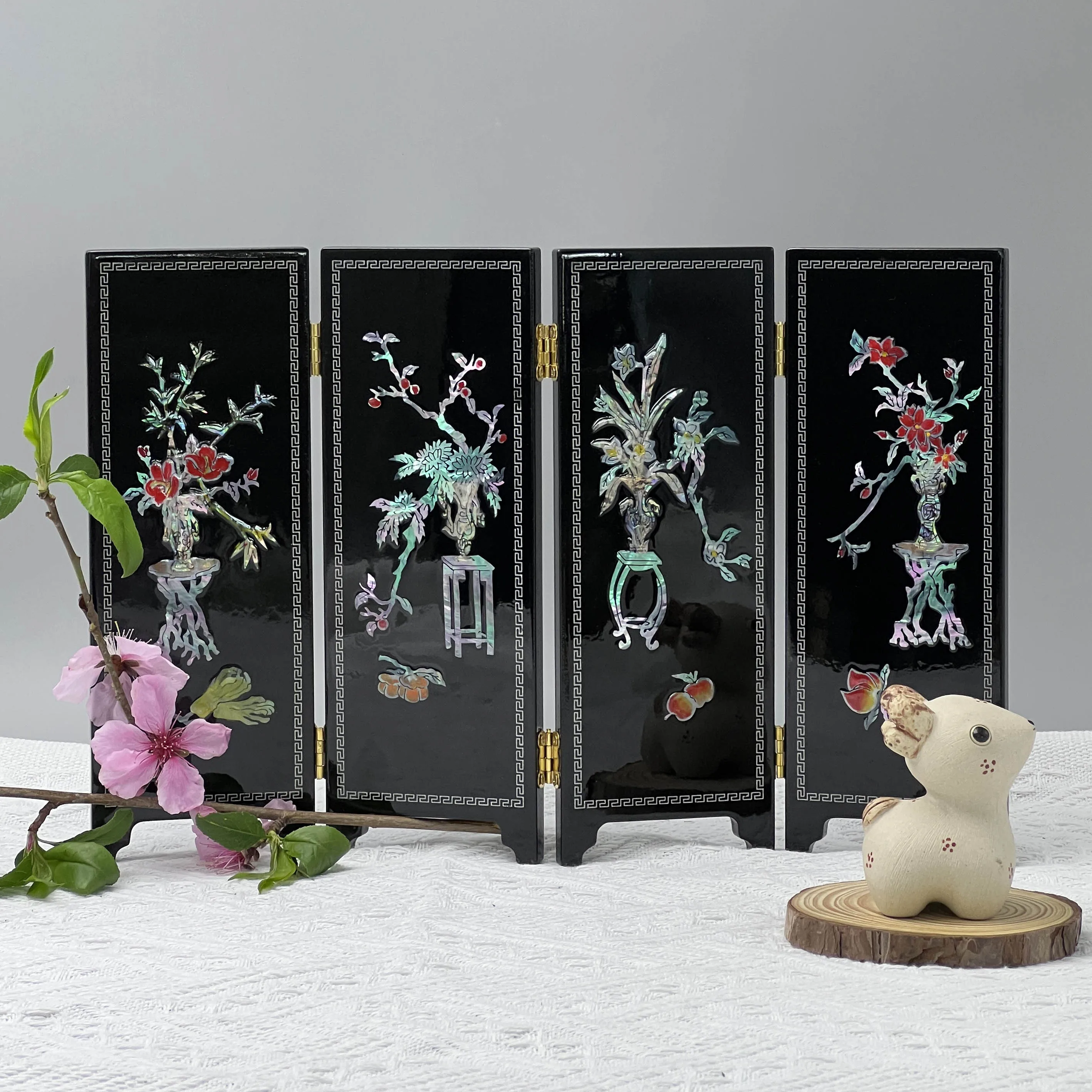 Cultural Lacquer Mother of Pearl Inlay Desktop Four Panel Screen Ornament Decor Housewarming Birthday Gift Chinese Traditional