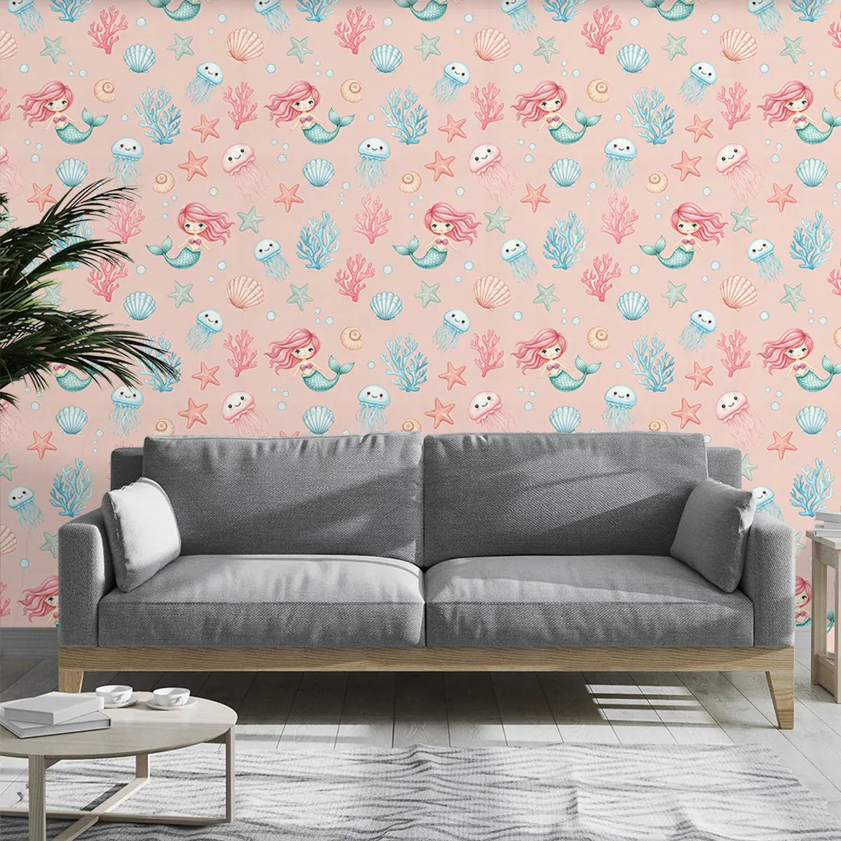 1PC Pink Underwater Mermaid Coral Shell Wall Sticker PVC Flat Cyclic Wallpaper for Living Room and Bedroom Wall Decoration
