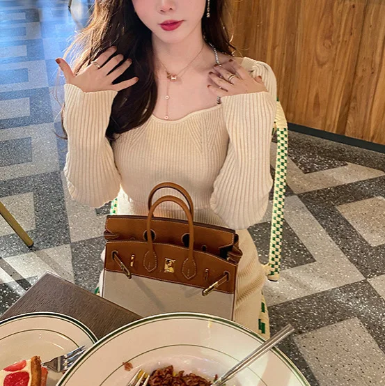 

6832 French Style Square Neck Puff Sleeve Twist Knot Slit Chain Waist Slimming Over-The-Knee Inner Long Dress