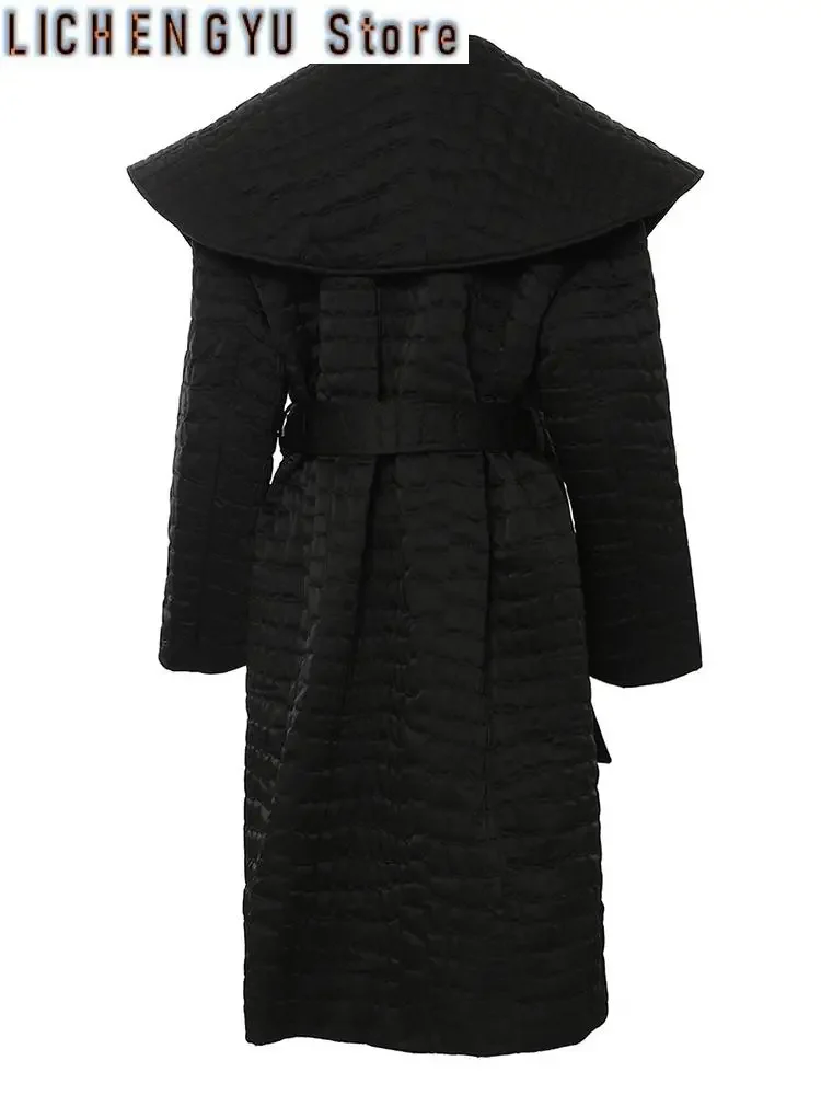 Black Big Size Belted Warm Cotton-padded Coat Lapel Long Sleeve Women Parkas Fashion Tide New Autumn Winter