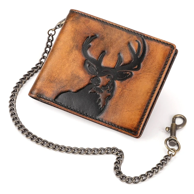 Stylish Rub Color Hand Burnished Finish Wallet with Robust Metal Chain PU Leather Money Holder for Business Casual Use