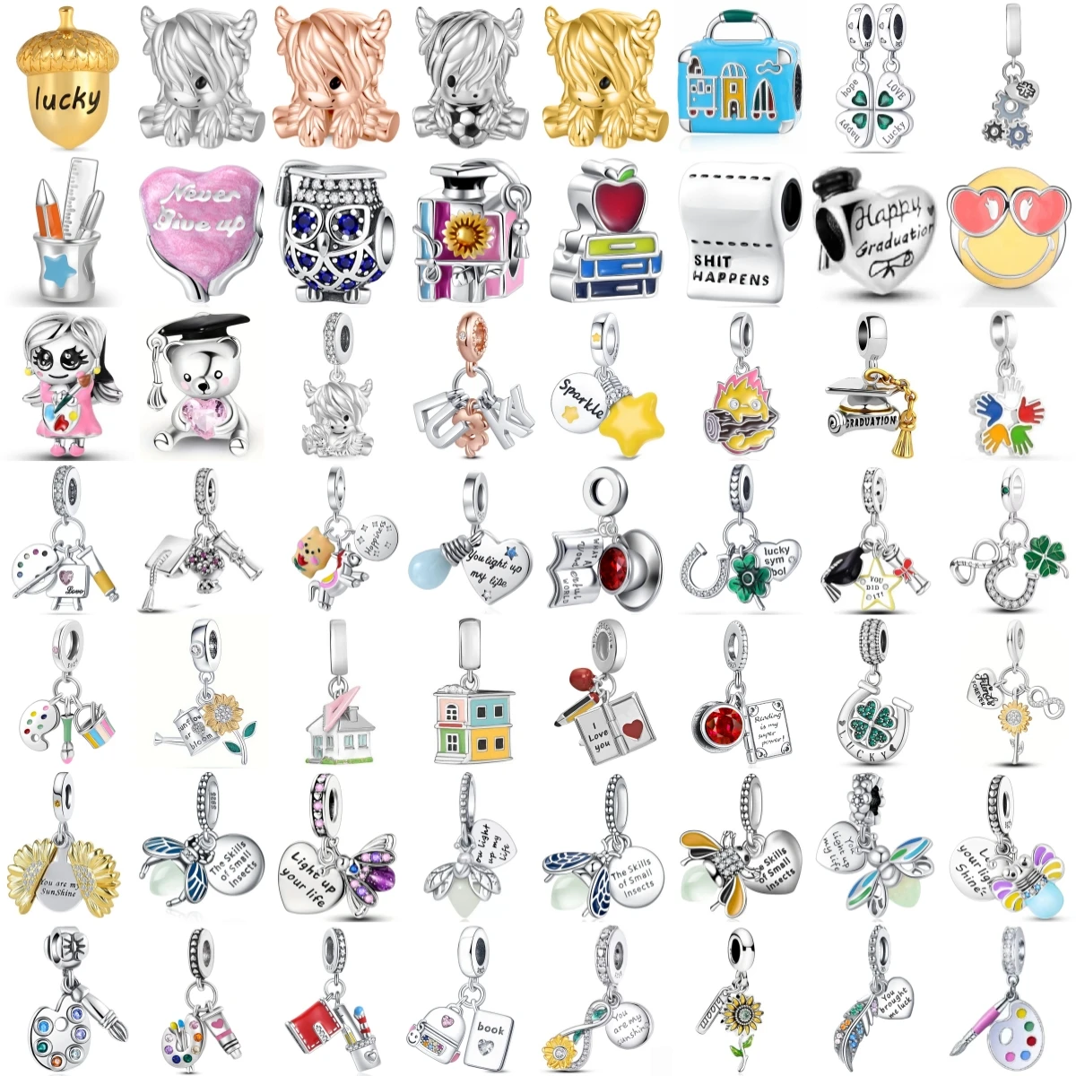 925 Sterling Silver Graduation Hobby Dangle Charms Highland Cow Paint Palette Lucky Acorn Clover Beads Fit DIY Jewelry Gift
