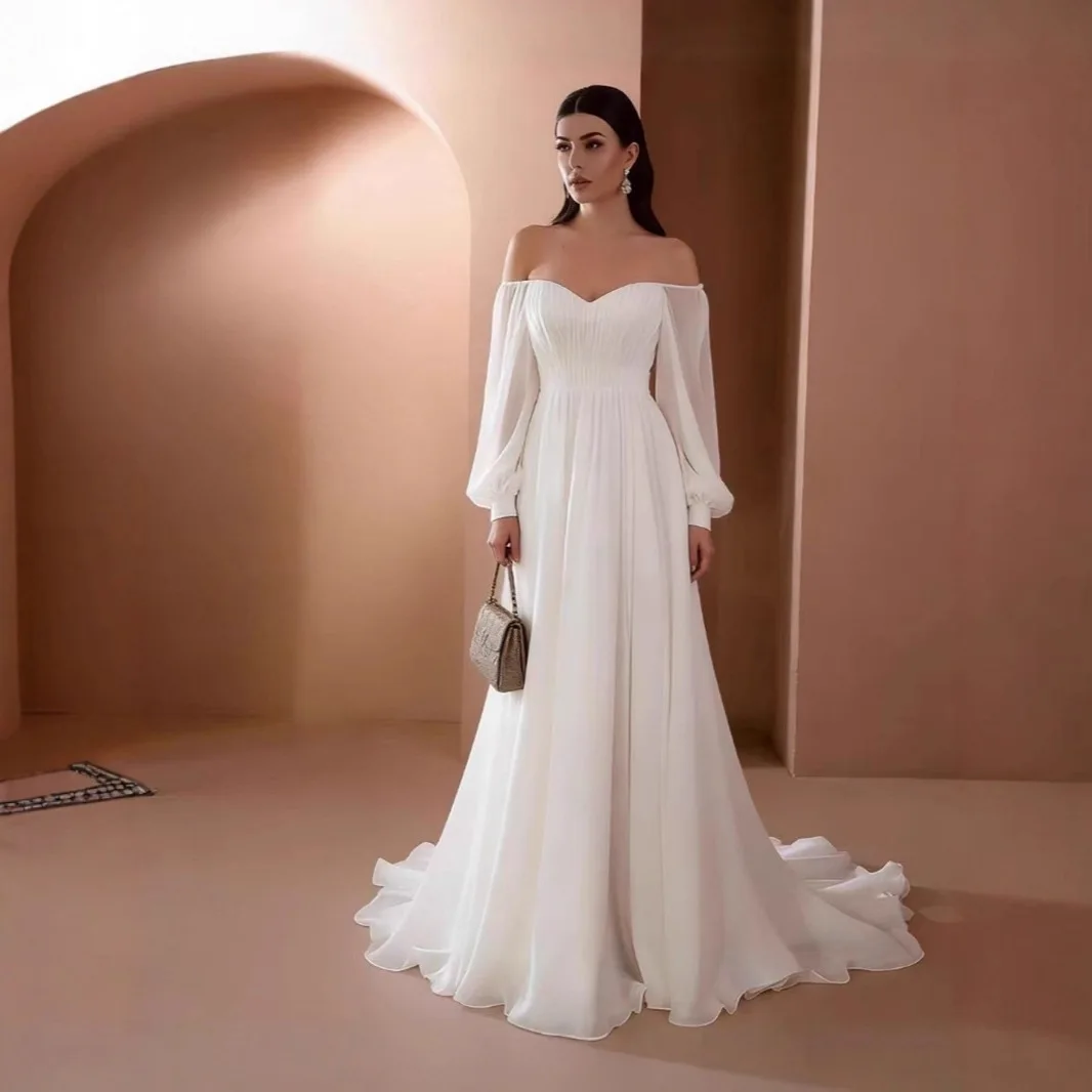 Langes Damenkleid, schulterfrei, langärmelig, Chiffon-Kleid, Hochzeit, Brautjungfer, Partykleid