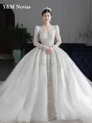 Vestido De novia De manga larga con cuello en V, traje De novia De lujo, largo hasta el suelo, talla grande, invierno, 2024