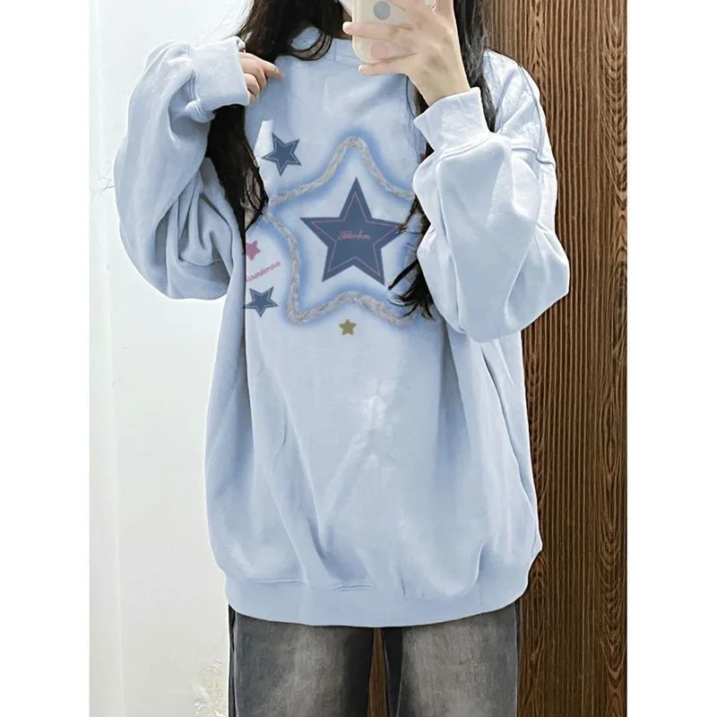 Retro China-Chic Brand Design Sense Pentagram Print Round Neck Sweater Women's Autumn Winter New Loose Comfortable Versatile Top