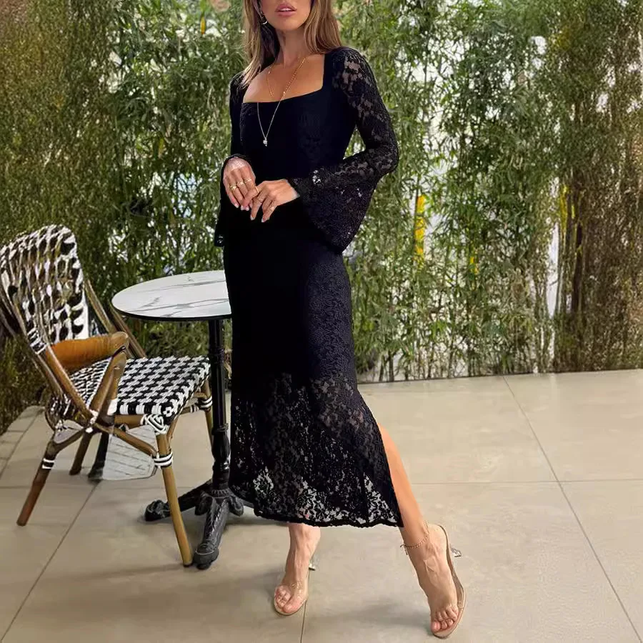 

2024 Summer New Lace Flare Sleeves Slim Fit Split Dress