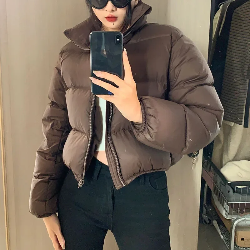 2025 Casual Cropped for Women Winter New Loose Stand Collar Thick Warm Quilted Jacket Versatile Zipper Long Sleeve Bread Coat