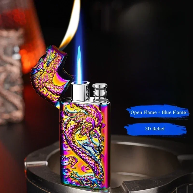 New 3D Dragon and Snake Relief Metal Inflatable Lighter Windproof Double Flame Convertible Butane Gas Lighter Men\'s Gift