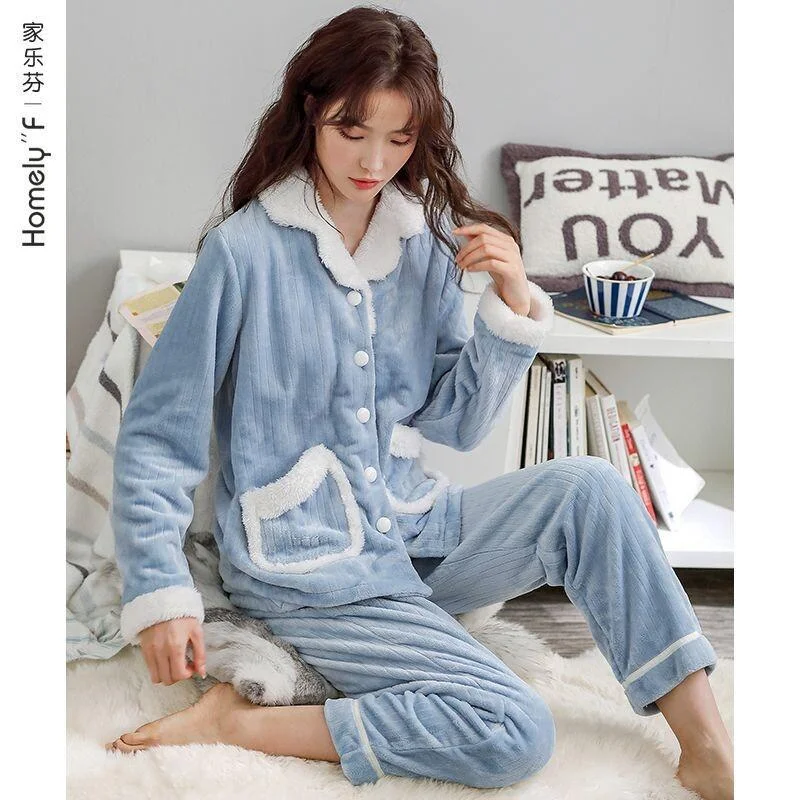 

Women Pajama Lady Winter Flannel Fleece Thickened Warm Cozy Sleepwear Loungewear Cute Kawaii Fashion Trendy Homewear Set