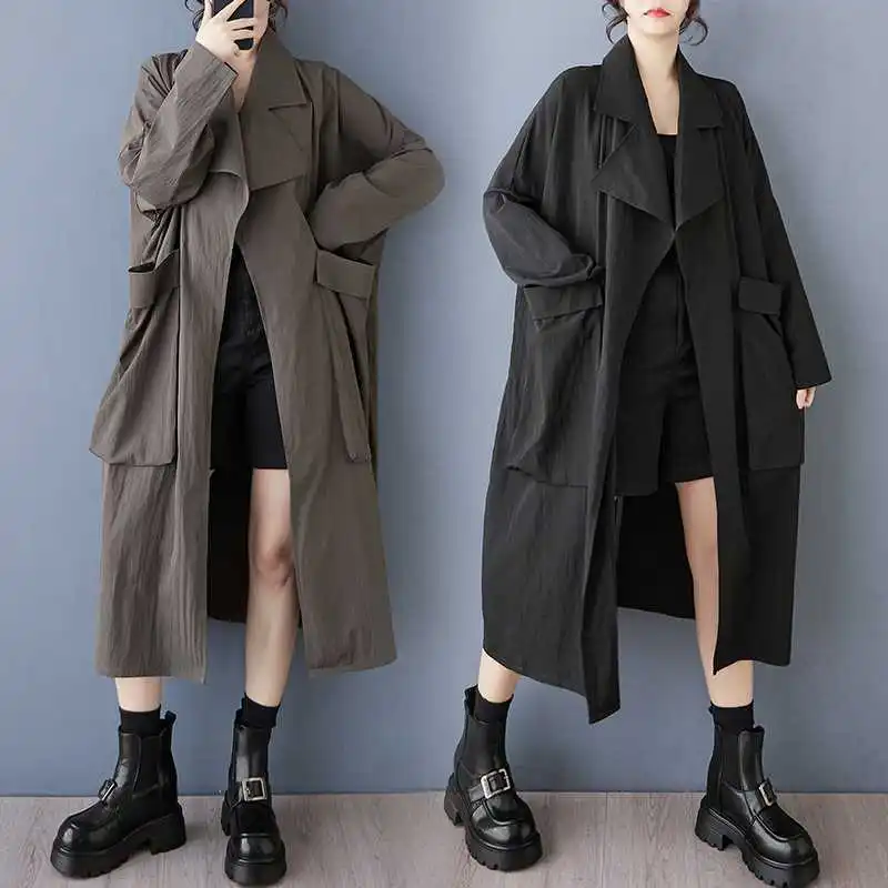 

Тренч, женские длинные куртки, ветровка с отложным воротником и карманами, пальто с открытой строчкой, офисная женская осень 2024, верхняя одежда